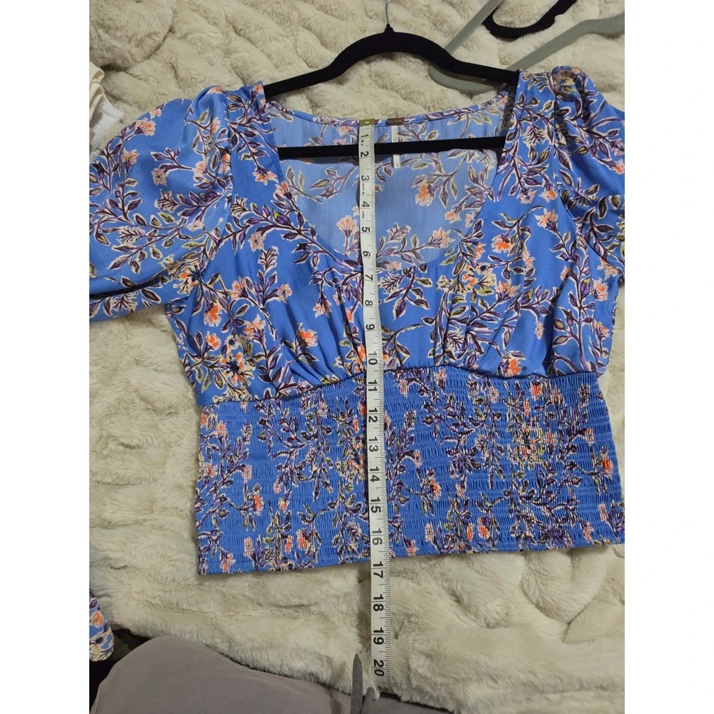 Free People Blue Floral Smocked Waist Long Sleeve Crop Top Blouse Medium